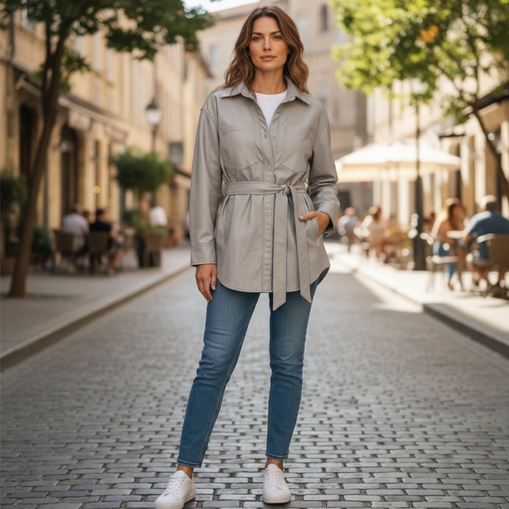 ARITZIA Babaton Gray Faux Leather Button Down Wrap Belted Jacket Coat Shirt